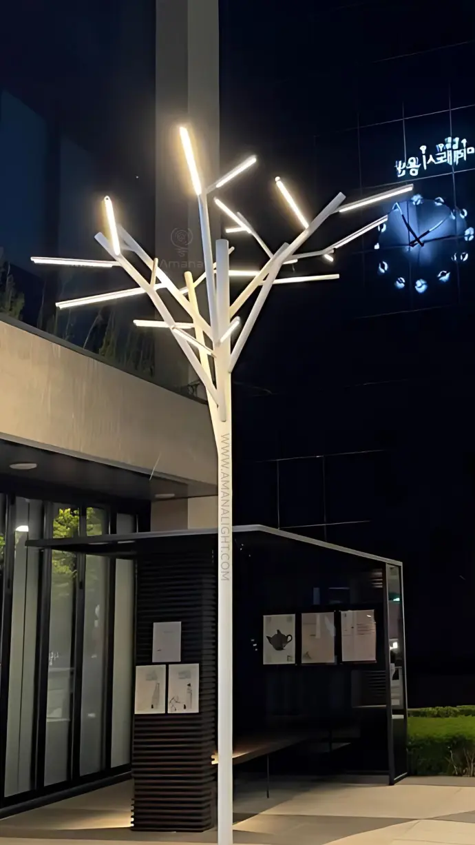 Tree-shaped decorative street lighting pole with modern LED fixtures – ideal for urban plazas, commercial entrances, and high-end architectural landscapes.