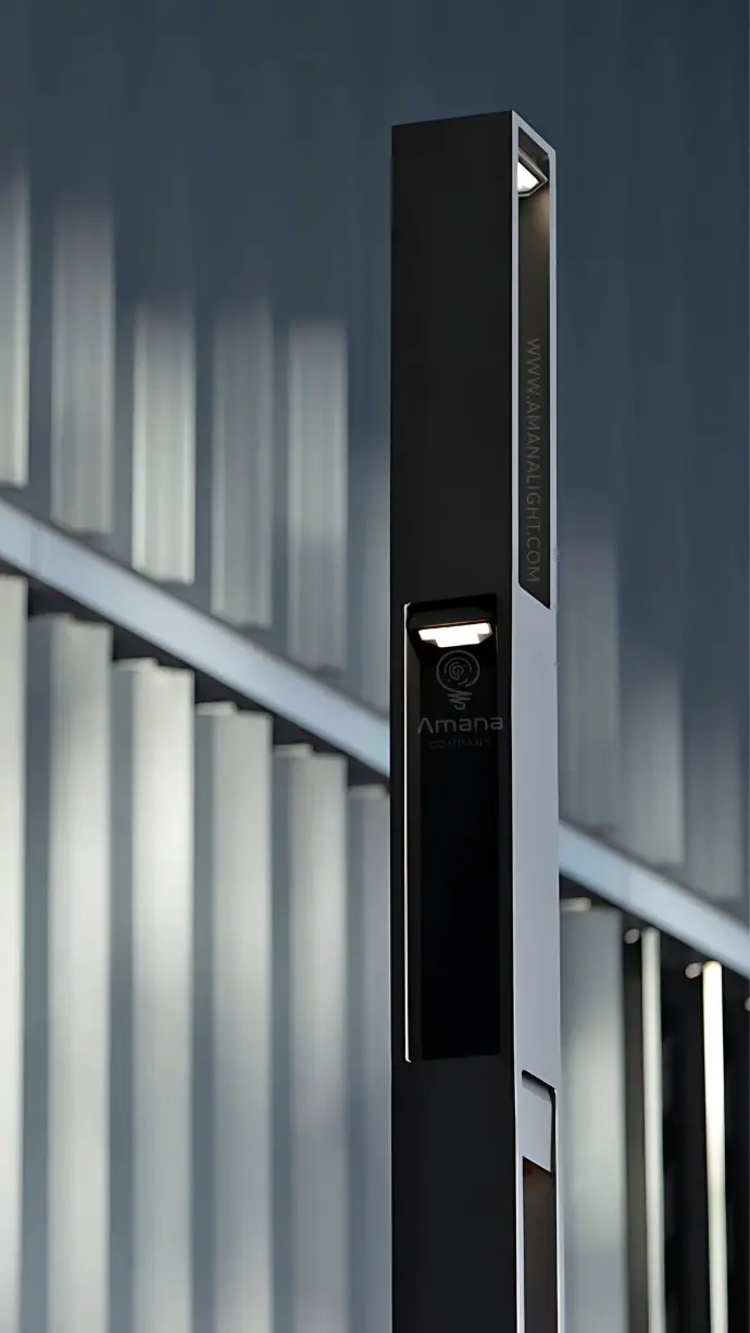 Sleek modern geometric decorative lighting pole with integrated LED fixtures – ideal for building facades, commercial entrances, and architectural walkways.