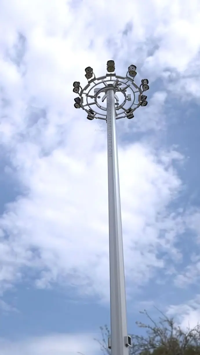 High-mast LED lighting pole designed for highways, stadiums, large outdoor areas, and industrial zones with powerful floodlight performance.